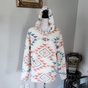 Daisy Fuentes White and Blue Patterned Hooded Sweater